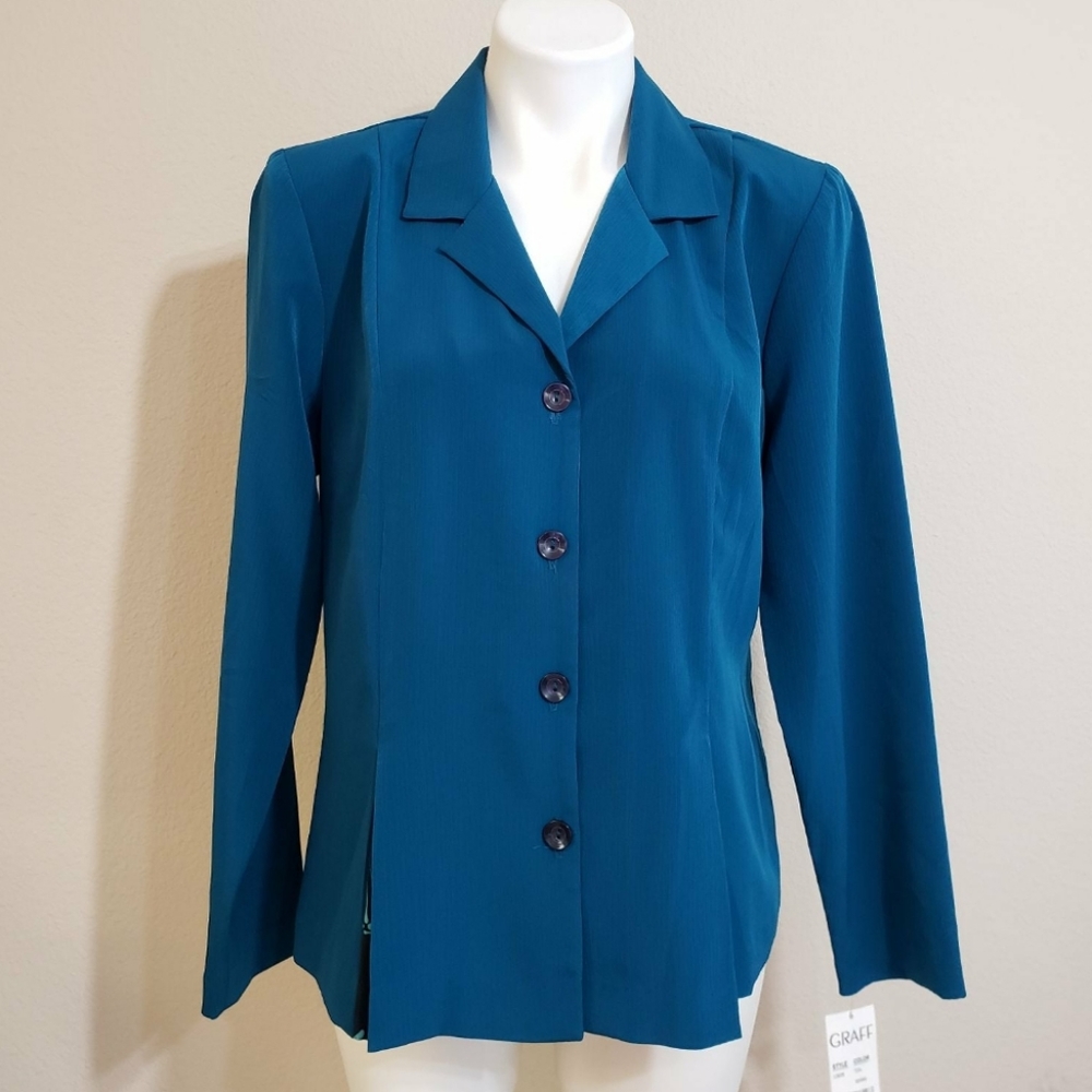Vintage GRAFF Teal Blue Button-down Blouse Top NWT Size 12 Longsleeve